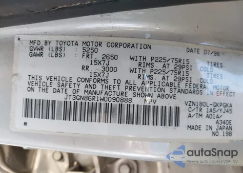 1998 Toyota 4Runner Sr5 V6 z USA, uszkodzony, nr VIN JT3GN86R1W0090888